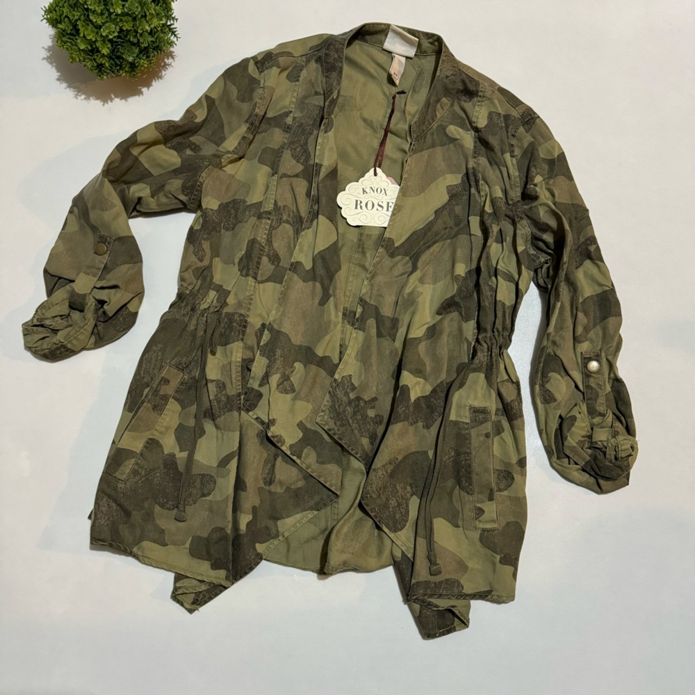 Knox Rose NWT Green Camo Print Waterfall Open Jacket Women’s Size XS